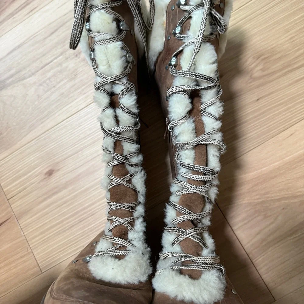 The North Face Adrianne Tall leather Boots Wms Size 6 Brown Faux Fur Trim Zip